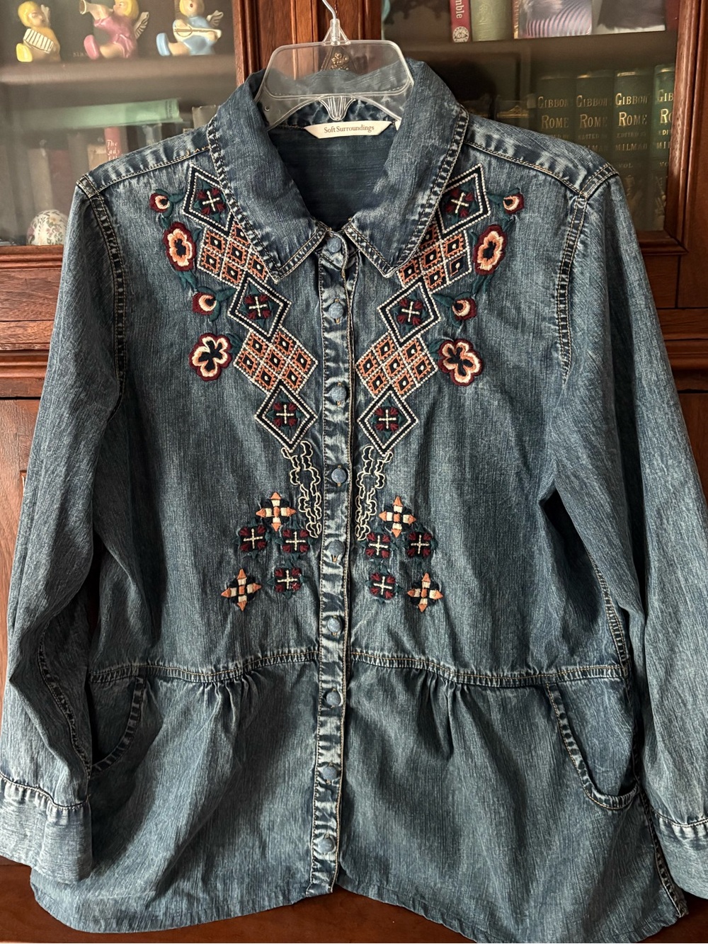 Soft Surroundings: XL, Embroidered Denim Button-Down Tunic Shirt - Blue - Picture 2 of 3